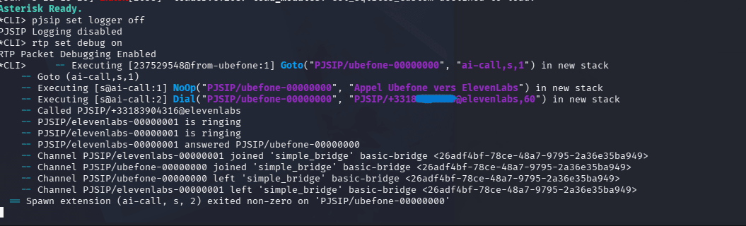 Logs Asterisk montrant le pont SIP actif entre Ubefone et ElevenLabs