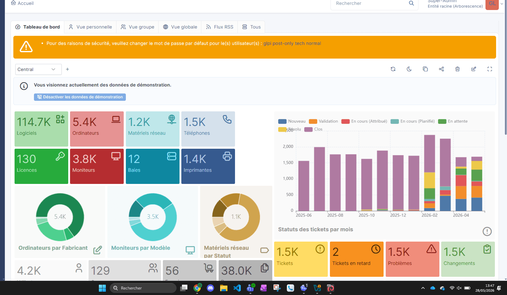 Tableau de bord GLPI utilisé pour la gestion de parc informatique