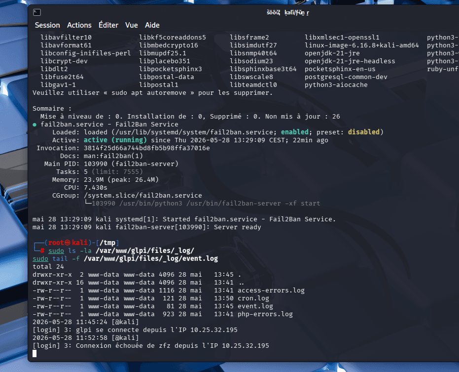 Service Fail2Ban actif et logs GLPI sur Linux