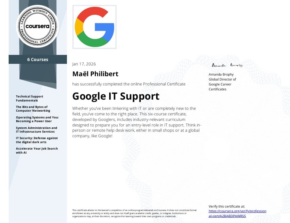 Certification Google IT Support de Maël Philibert